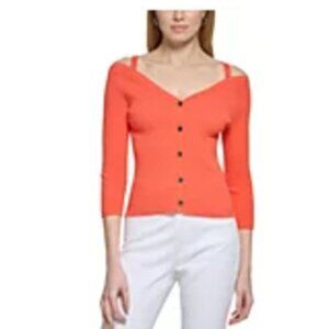 DKNY Women's Long-Sleeve Button-Front Cold-Shoulder Sweater SIZE XL PERSIMMON